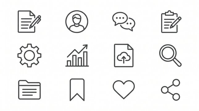 A grid of twelve minimalist line icons representing various digital interface functions, business concepts, and online actions.