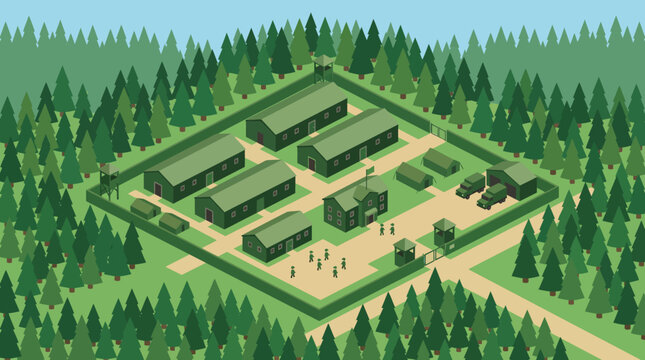 Isometric Military Base Illustration in Forest with Barracks and Watchtowers