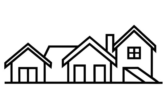 Simple line drawing of three houses with different architectural styles and features