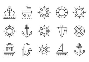 Vector nautical icons including ships anchors and sun symbols © Richol