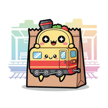 Cartoon train in a brown bag.