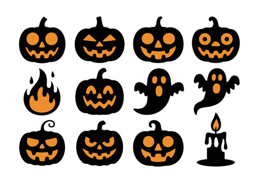 Halloween vector set with pumpkins, ghosts, and flames on light background