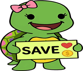 Obraz premium Business Vector Icon. Cute Girl Sea Turtle with Pink Bow Holding Save Sign Money Concept.