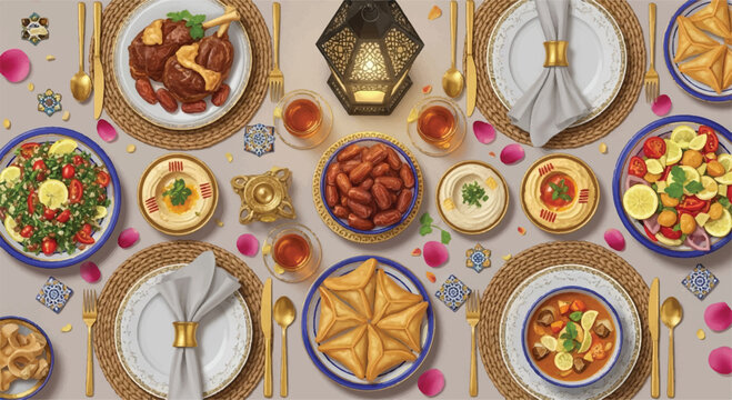 Flat lay top view of traditional middle eastern iftar feast table spread with dates and lantern traditional celebration appetizers hospitality