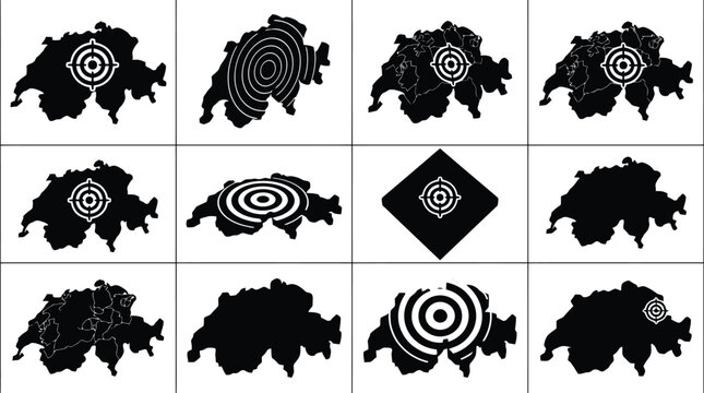 Silhouetten von Schweiz-Umrissen mit verschiedenen Zielscheiben- und Spiralmustern.