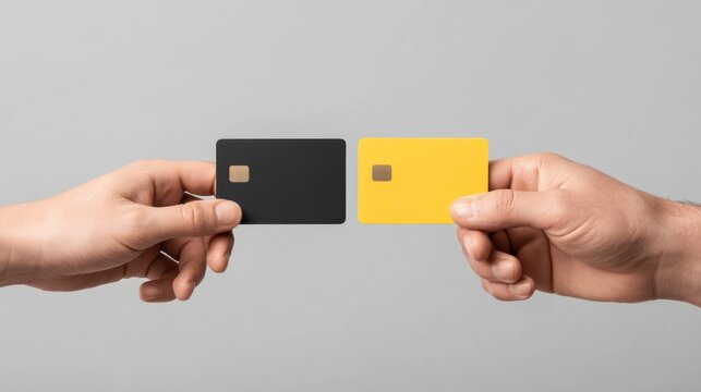 Close-up of two hands exchanging different colored credit cards against a plain gray background, illustrating financial transaction and payment concepts