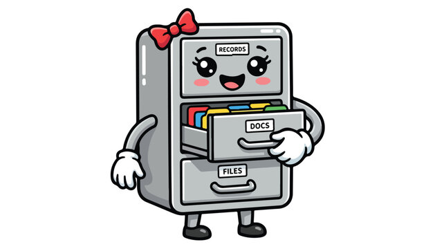 A cute cartoon grey filing cabinet with a red bow and an open drawer holding colorful folders.