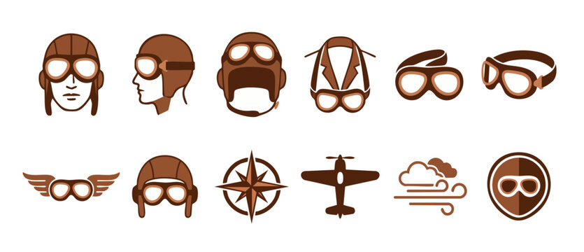 Vintage Pilot Helmet Goggles Icon Set for Aviation and Travel Design. Retro flight cap, plane, compass, and aviator accessories vector collection in flat brown style for historical themed projects.