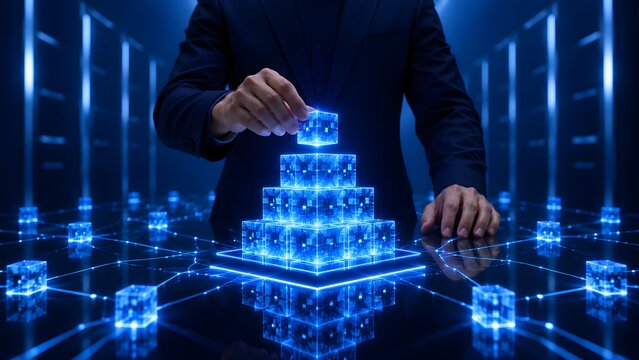 Businessman assembling glowing digital cubes in a server room. Concept of blockchain architecture, complex network infrastructure, and artificial intelligence integration.