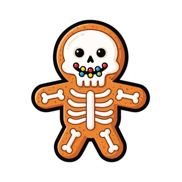 Gingerbread skeleton cookie with colorful candy teeth.