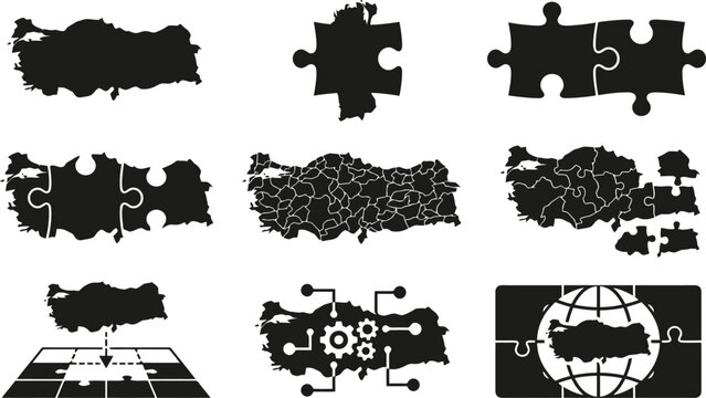 Silhouetten der T&uuml;rkei als Puzzleteile, Karten und mit technischen Symbolen.