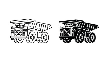 Heavy duty mining dump truck vector icon set featuring outline and solid black silhouette for construction and industrial machinery branding © Vector