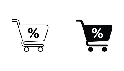 Shopping cart with percentage symbol icon set featuring line art and solid black glyphs for e-commerce sales and discount marketing campaigns © Vector