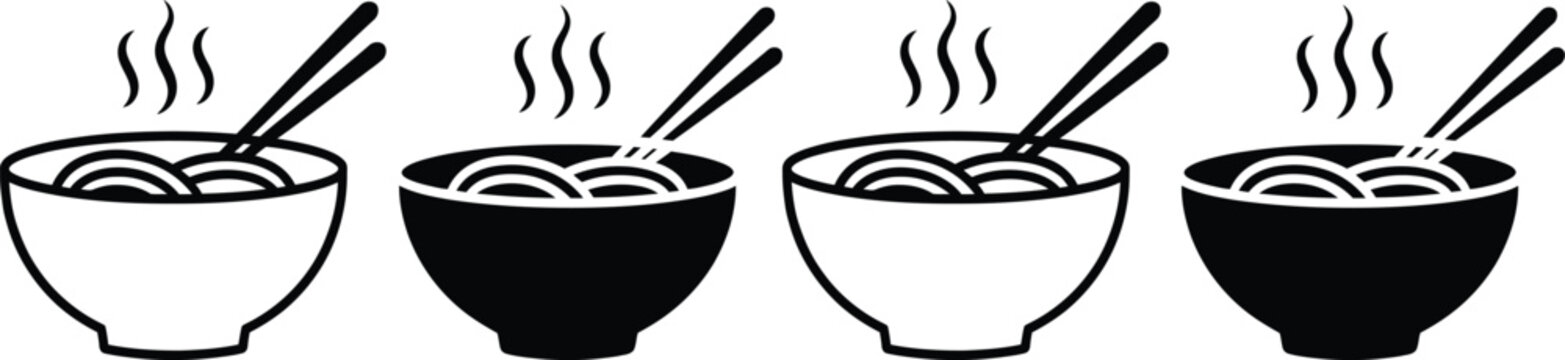 Four bowls of steaming noodle soup with chopsticks