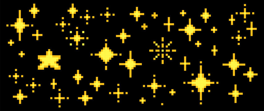 Pixel gold stars pattern background in retro 8-bit style with sparkling elements on dark backdrop. Glitter texture for UI design, apps, game visuals, branding, digital products. Vector illustration