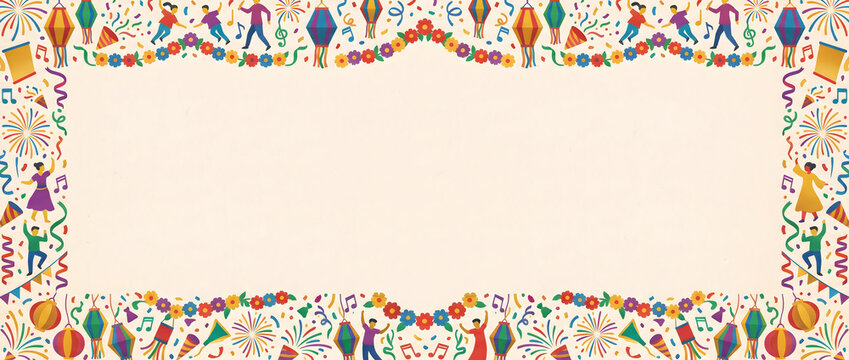 Colorful festive border illustration with decorative patterns including ribbons, balloons, fireworks, and dancing figures