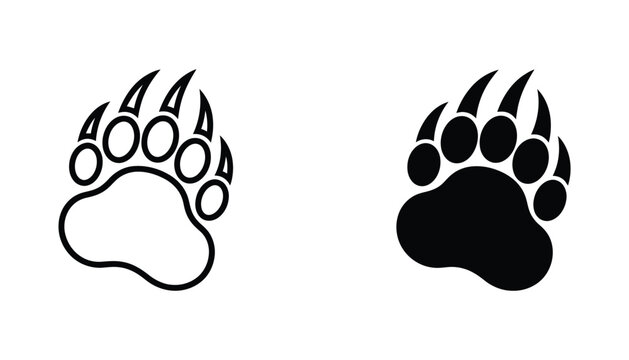 Bear claw footprint icon set with sharp claws in outline and solid black silhouette style for wilderness and wildlife design