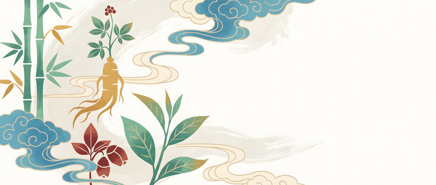 Traditional Chinese style illustration featuring ginseng root, bamboo leaves, and cloud patterns with elegant hand-drawn elements