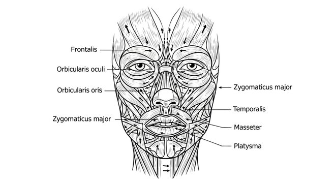 Anatomical Diagram of Human Facial Muscles with Labels