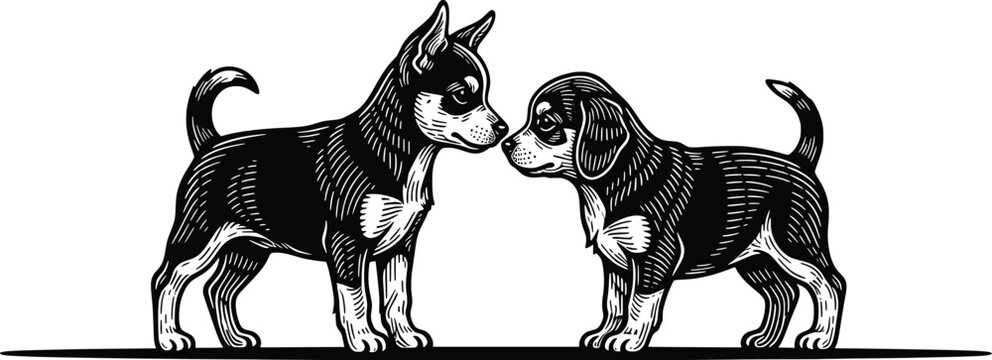 Two puppies facing each other, a chihuahua and a beagle puppy, hand-drawn vector illustration with textured detail.