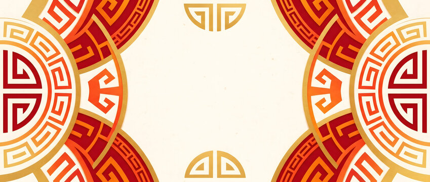 Red and gold traditional Chinese meander pattern with auspicious clouds and symmetrical circular border design