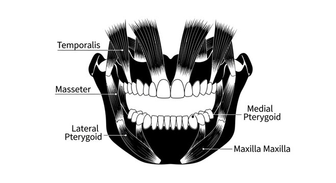 Anatomical diagram of human masticatory muscles and jaw structure