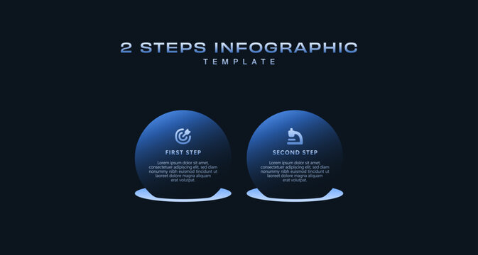 Dark Tech Infographic Template with Icons and Gradient Diagram, 2 Step Vector Workflow Layout for Presentations, Banners, Flowcharts, Business Reports, UI Design Assets, Modern Digital Style Pack Pro