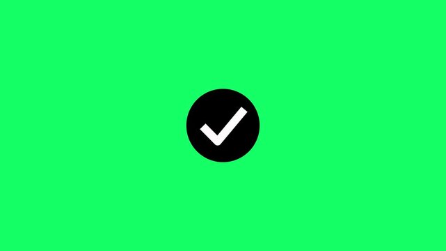 Animated reveal of a abstract white checkmark icon in a black circle isolated on a green background. confirm, correct, accept, select, checkbox, check mark, tick, yes, or oK sign symbol