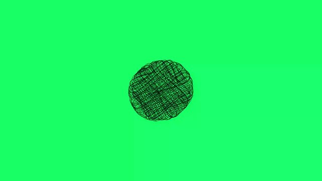 Hand drawn scribble tangle scrawl sketch or black line spherical abstract shape on a green background. Looped hand-drawn Chaotic tangle sketch. tangled doodle circle or thread knot spinning animation