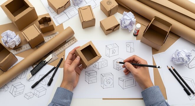 Designer sketching and creating cardboard box packaging prototypes