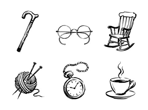 Elderly icons collection, minimalist brush line art of walking cane, spectacles, rocking chair, and teacup