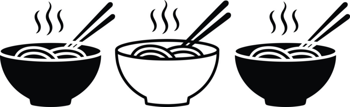 Three bowls of steaming noodle soup with chopsticks resting inside each bowl