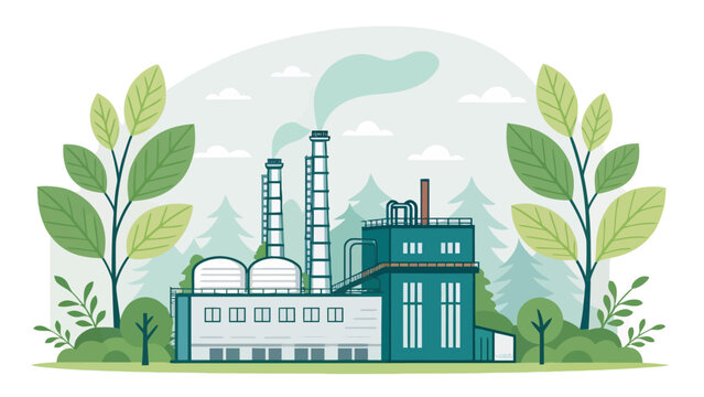 Eco friendly factory with smokestacks and trees around it in illustration