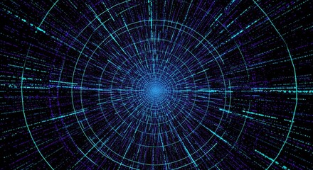 Fototapeta premium Abstract blue digital technology tunnel with glowing data particles