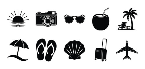 Set of sunset themed travel icons inspired by golden hour moments. Includes sunset, camera, sunglasses, drink, palm tree, beach umbrella, flip-flop, shell, travel bag and plane.  © Nazmul