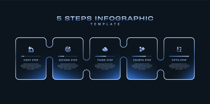 Dark Tech Infographic Template with Icons and Gradient Diagram, 5 Step Vector Workflow Layout for Presentations, Banners, Flowcharts, Business Reports, UI Design Assets, Modern Digital Style Pack Pro