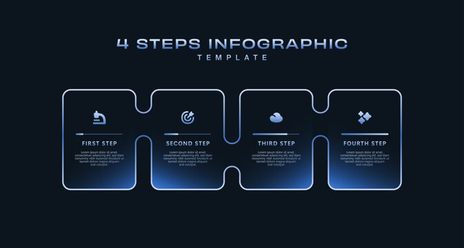 Dark Tech Infographic Template with Icons and Gradient Diagram, 4 Step Vector Workflow Layout for Presentations, Banners, Flowcharts, Business Reports, UI Design Assets, Modern Digital Style Pack Pro