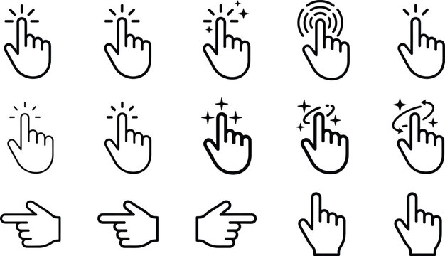Minimalist hand gesture icon set showing click, tap, swipe, and point actions for modern user interface design