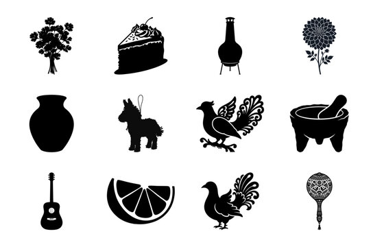Mexican culture and tradition silhouette icons set with traditional food, animals, clothes and decorations.