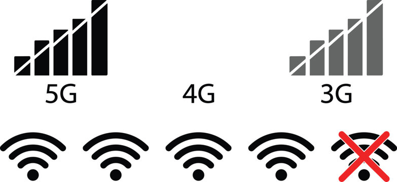 Modern Mobile Network and Wi-Fi Signal Strength Comparison Illustrating 5G, 4G, and 3G Connectivity Icons