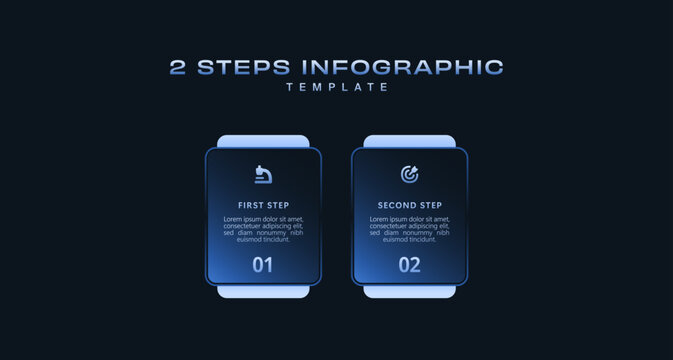 Dark Tech Infographic Template with Icons and Gradient Diagram, 2 Step Vector Workflow Layout for Presentations, Banners, Flowcharts, Business Reports, UI Design Assets, Modern Digital Style Pack Pro