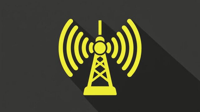 Yellow color Digital Radio station signal tower icon. Internet network net connection icon logo. Abstract network tower produced radio wave concept.  4k video