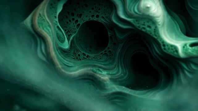 Green wavy porous layers shifting and flowing creating abstract topographic terrain