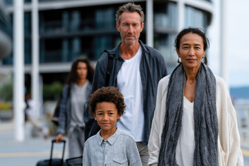 Obraz premium Happy Family Arriving Together at Travel Destination, Joyful Outdoor Lifestyle Scene, Quality Time and Cherished Moments, Vibrant Modern Environment, Warm Natural Light