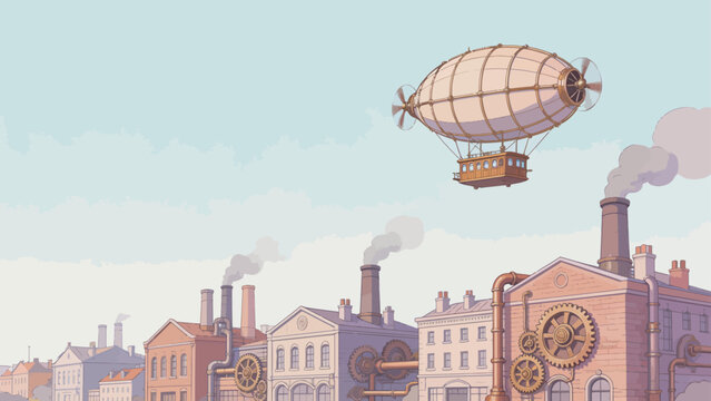 Steampunk airship over industrial city