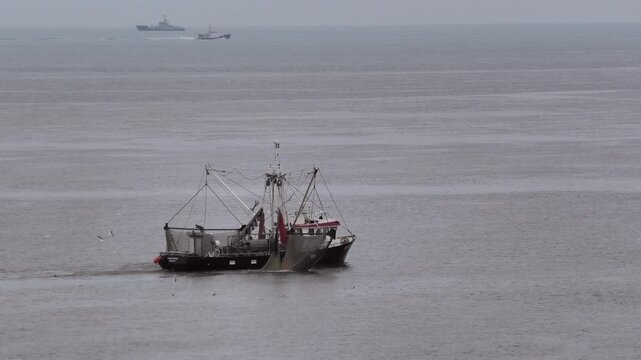 Krabbenkutter auf der Nordsee beim Fischfang mit Fangnetz und M&ouml;wen, Fischerboot, Niederlande