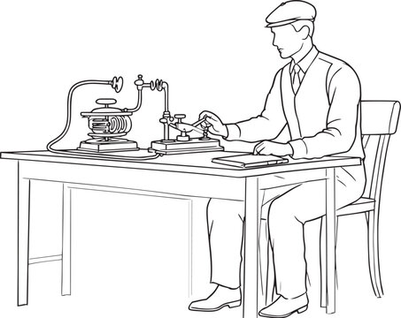 Vintage Line Art Illustration of a Telegraph Operator Using a Morse Code Machine on a Desk, Historical Communication Concept