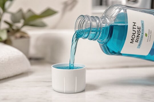 Bright-blue-alcohol-free-mouth-rinse-pouring-from-bottle-into-white-cup-on-modern-light-gray-surface-reflecting-clean-fresh-dental-hygiene-concept