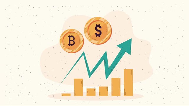 Dynamic motion graphic showing financial growth with bitcoin and dollar coins rising over a bar chart, symbolizing investment success and currency value increase.