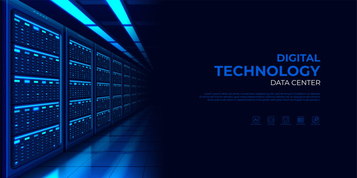 Abstract Technology Data Center Banner. Digital concept of server room, digital information warehouse or server racks. Vector banner of web hosting, cloud computing and digital infrastructure visuals.